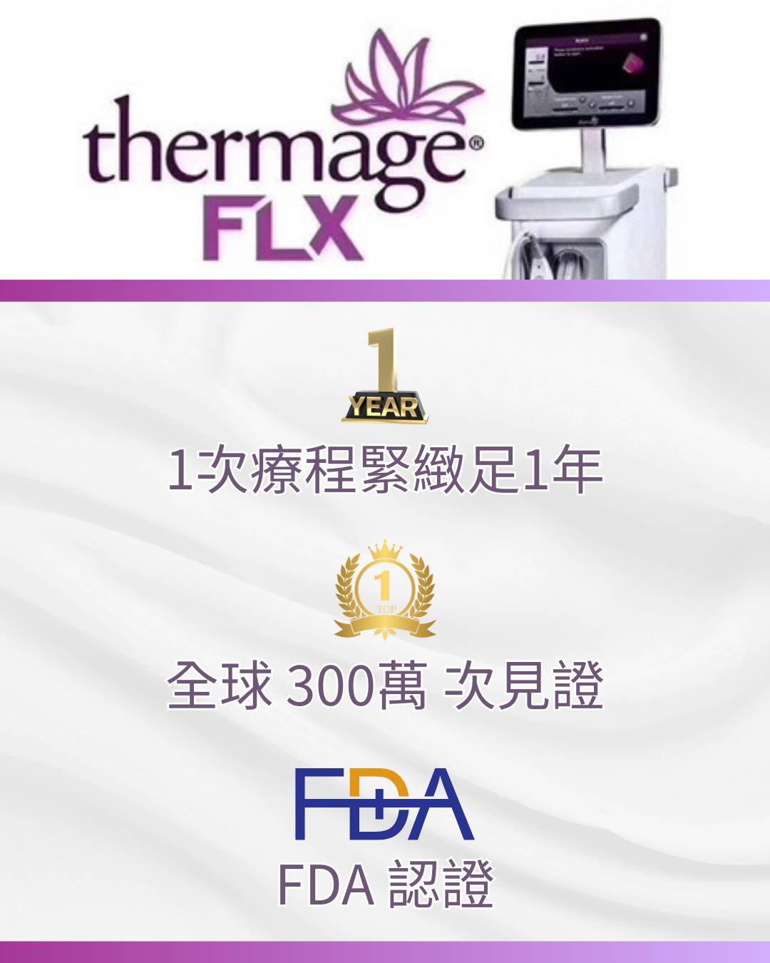 Thermage FLX 儀器，附有中英文說明文字，強調一年的療效、全球三百萬次治療以及 FDA 認證。.